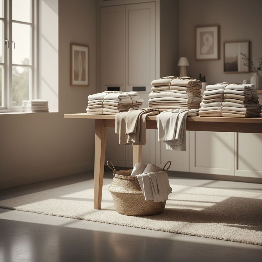 Folded laundry on light wooden tables